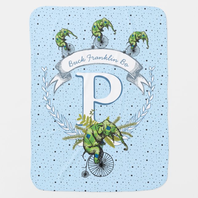Monogram Personalized Elephant Blue Green Baby Boy Stroller Blanket (Front)