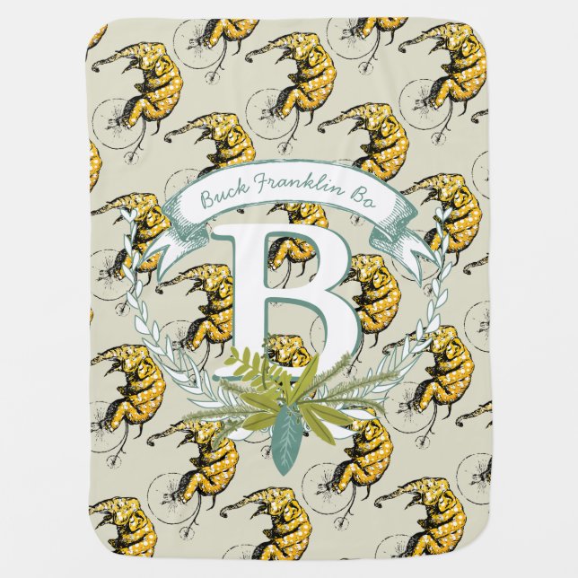 Monogram Personalized Elephant Mint Baby Boy Receiving Blanket (Front)