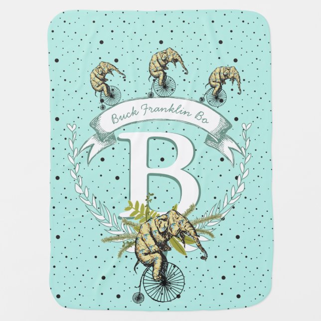 Monogram Personalized Elephant Mint Baby Boy Receiving Blanket (Front)