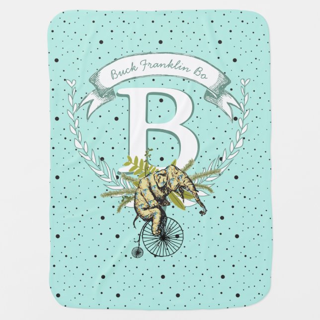 Monogram Personalized Elephant Mint Baby Boy Swaddle Blanket (Front)