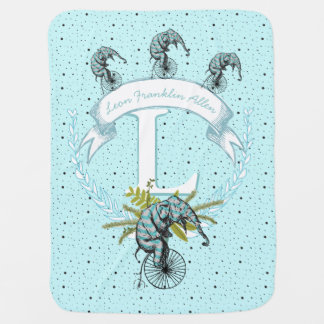 Monogram Personalized Elephant Mint Green Baby Boy Blanket