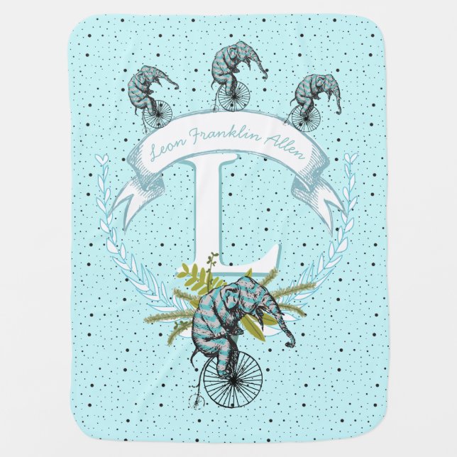 Monogram Personalized Elephant Mint Green Baby Boy Blanket (Front)