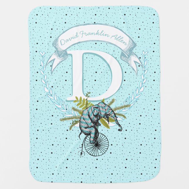 Monogram Personalized Elephant Mint Green Baby Boy Receiving Blanket (Front)