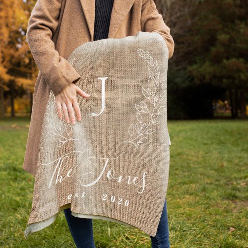 Monogram personalized family name rustic jute fleece blanket