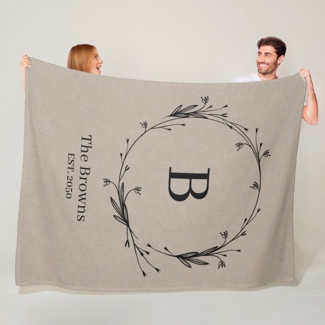 Monogram Personalized Family Name Rustic Linen  Fleece Blanket (In Situ)