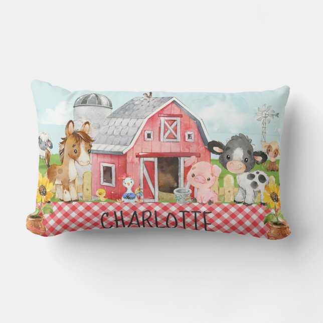 Monogram Personalized Farm Barnyard Animals Lumbar Pillow (Front)