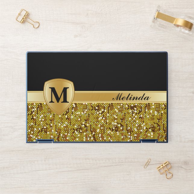 Monogram, Personalized Gold Confetti HP Laptop Skin (Desk)