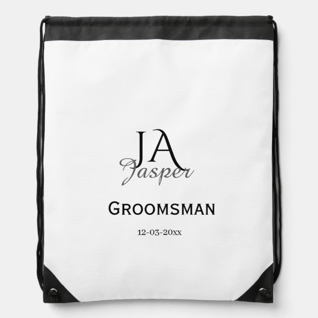 Monogram personalized groomsman best man name date drawstring bag (Front)