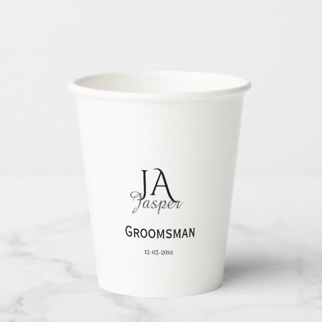Monogram personalized groomsman best man name date paper cups (Front)