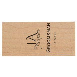 Monogram personalized groomsman best man name date wood flash drive