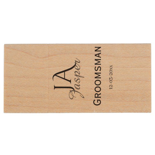 Monogram personalized groomsman best man name date wood flash drive (Back)