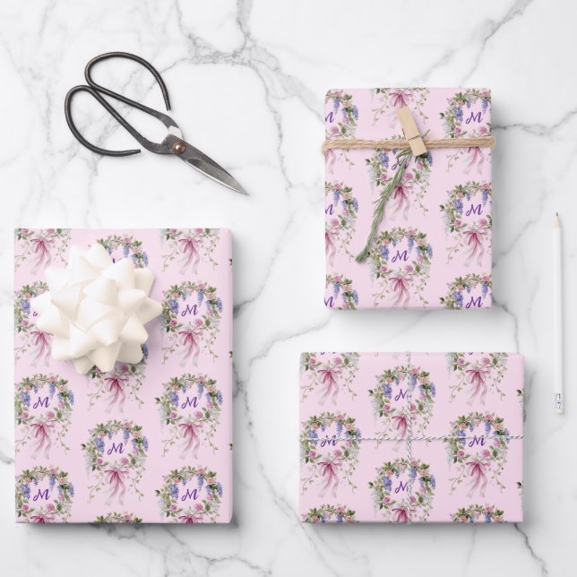Monogram Personalized Initial Floral Wrapping Paper Sheets (Front)