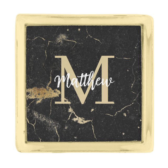 Monogram Personalized Initial Gold Black Marble Finish Lapel Pin (Front)