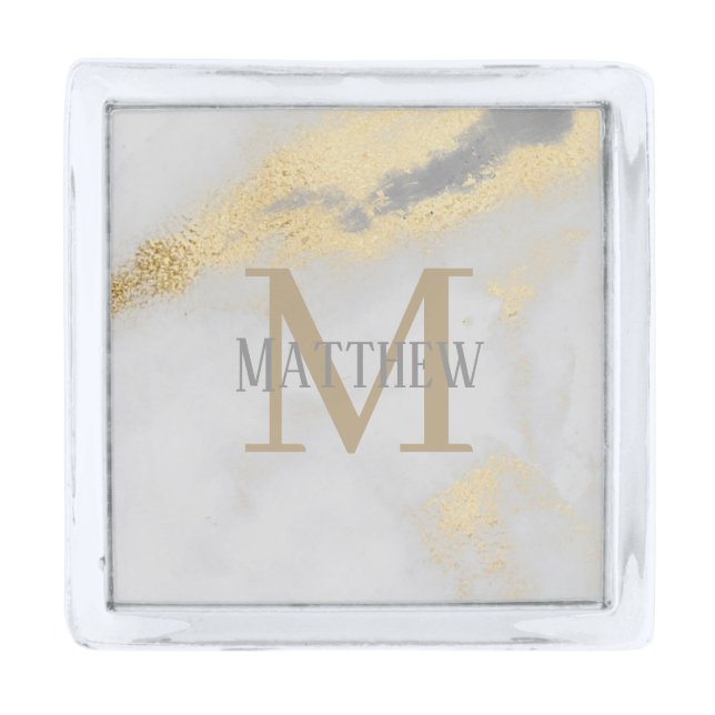 Monogram Personalized Initial Gold Gray Marble Silver Finish Lapel Pin (Front)