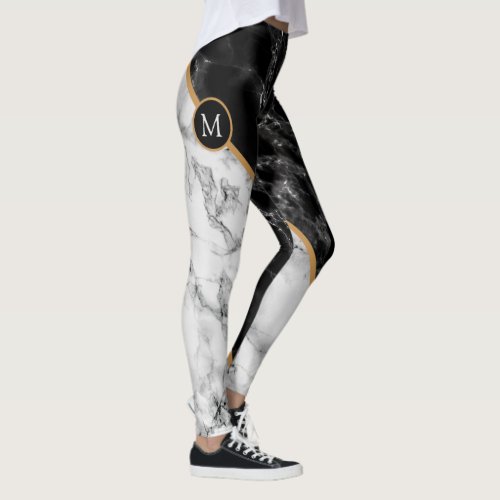 Monogram Personalized Leggings Black White Marble