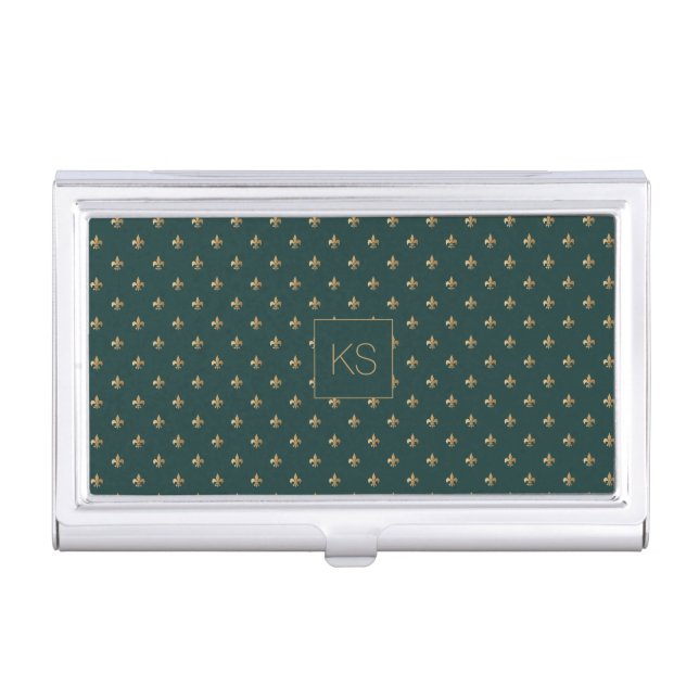 Monogram personalized luxury elegant dark green business card case (Front)