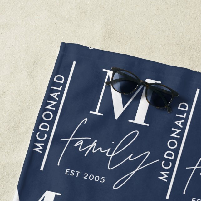 Monogram personalized modern minimal blue family beach towel (In Situ)