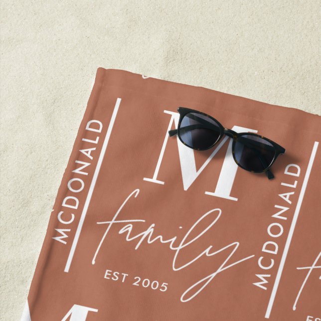 Monogram personalized modern minimal rust family beach towel (In Situ)