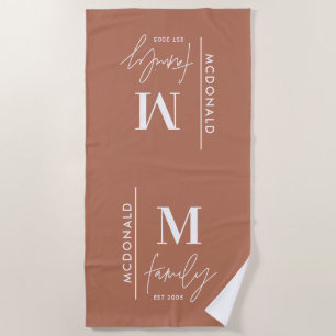 Monogram personalized modern minimal rust family beach towel