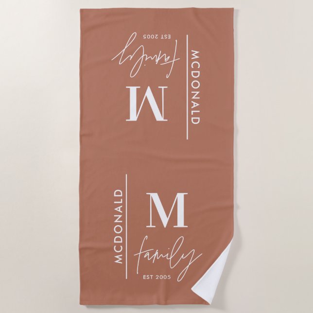 Monogram personalized modern minimal rust family beach towel (Front)