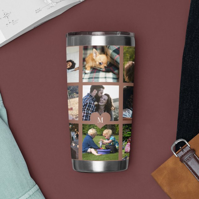 Monogram personalized modern multi photo collage insulated tumbler (Creator Uploaded)