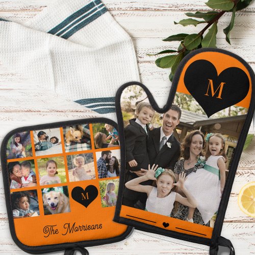 Monogram personalized modern multi photo collage oven mitt  pot holder set