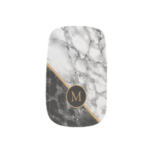 Monogram Personalized Nail Art Black White Marble