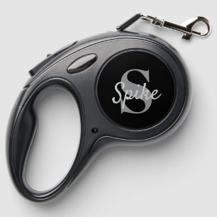 monogram personalized name black and grey retractable pet leash
