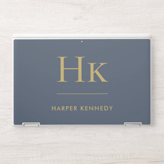 Monogram Personalized Name Elegant Navy Blue Gold HP Laptop Skin (Front)