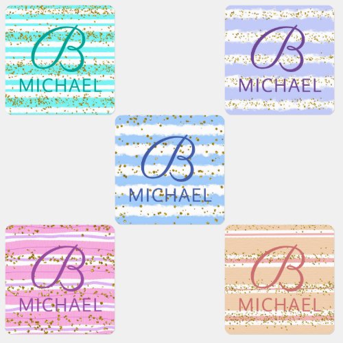 Monogram Personalized Name Girly Glitter Stripes Labels