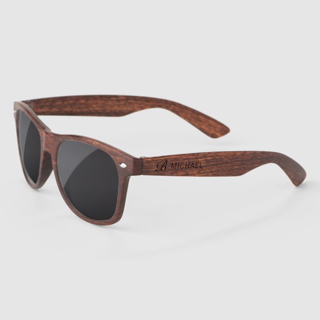Monogram Personalized Name Modern Black Script Sunglasses (Left)