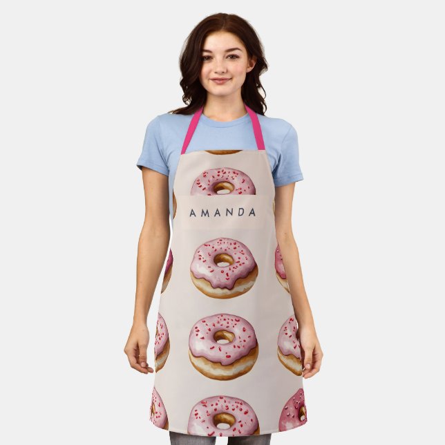 Monogram Personalized Pink Donut Pattern Apron (Worn)