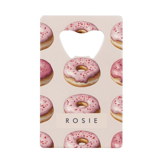 Monogram Personalized Pink Donut Pattern Credit Card Bottle Opener (Front)