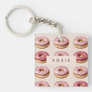 Monogram Personalized Pink Donut Pattern Keychain