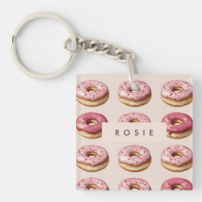 Monogram Personalized Pink Donut Pattern Keychain (Front)