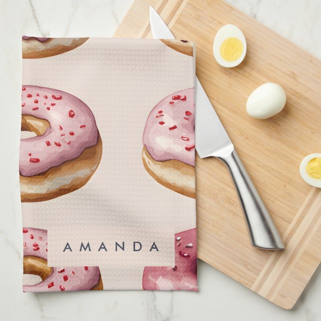 Monogram Personalized Pink Donut Pattern Kitchen Towel (Quarter Fold)