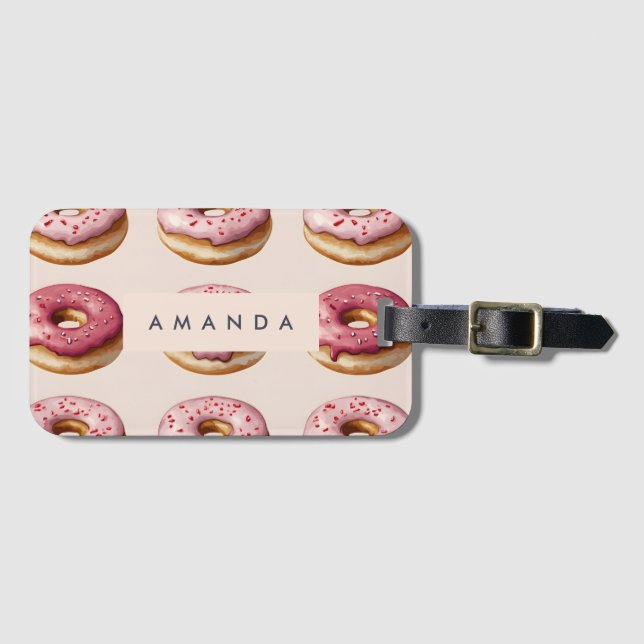 Monogram Personalized Pink Donut Pattern Luggage Tag (Front Horizontal)