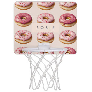 Monogram Personalized Pink Donut Pattern Mini Basketball Hoop