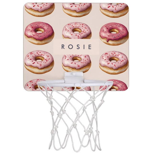 Monogram Personalized Pink Donut Pattern Mini Basketball Hoop (Front)