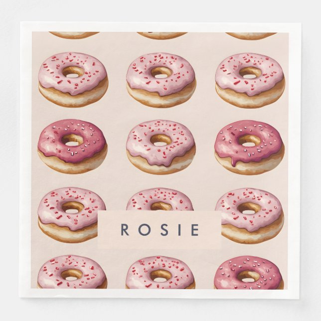 Monogram Personalized Pink Donut Pattern Paper Dinner Napkins (Front)