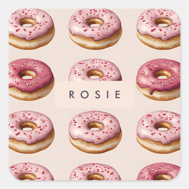Monogram Personalized Pink Donut Pattern Square Sticker (Front)
