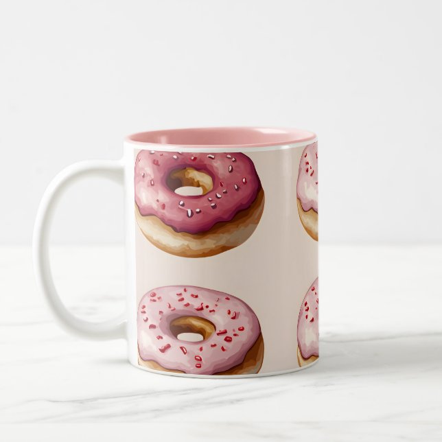 Monogram Personalized Pink Donut Pattern Two-Tone Coffee Mug (Left)