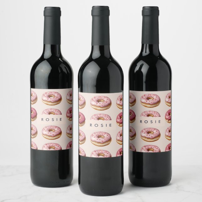 Monogram Personalized Pink Donut Pattern Wine Label (Bottles)