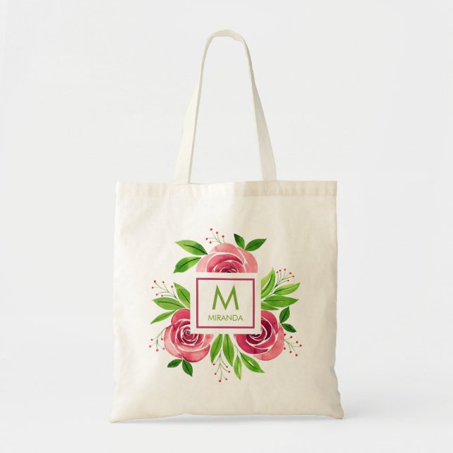 Monogram Personalized Pink Floral Tote Bag (Front)