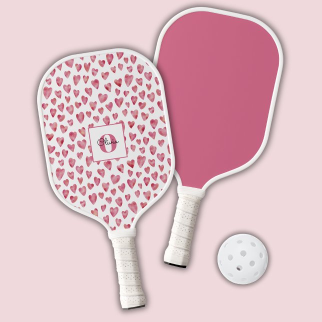 Monogram Personalized Pink Heart Pickleball Paddle (Pink watercolor love heart personalized pickleball paddle)