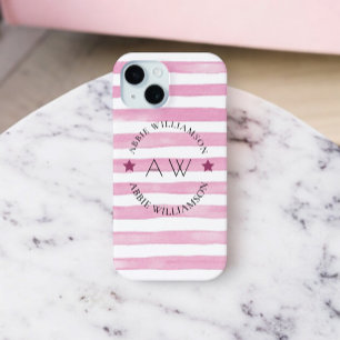 monogram personalized pink stripes iPhone 15 case