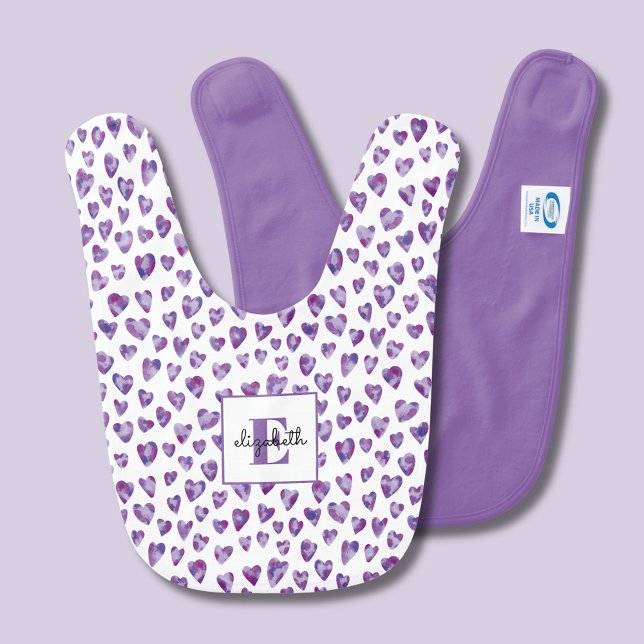 Monogram Personalized Purple Baby Bib (Cute purple love heart baby bib with initial & first name. Matching baby gift range available.)