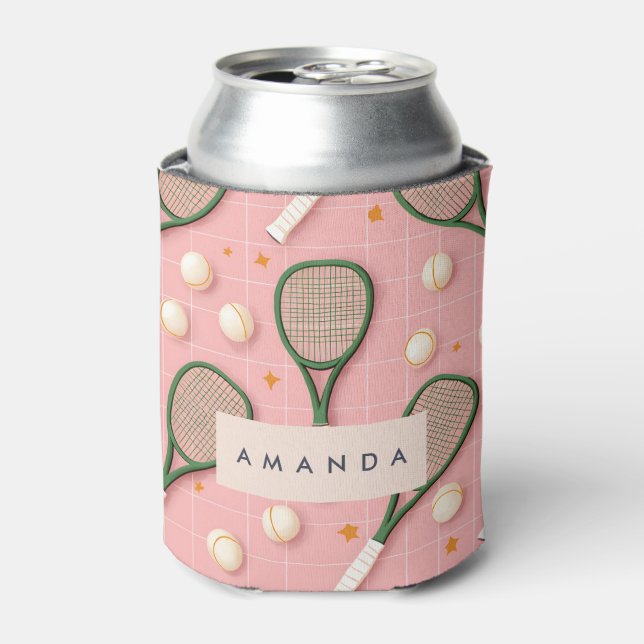 Monogram Personalized Retro Tennis Racket Pattern Can Cooler (Can Front)