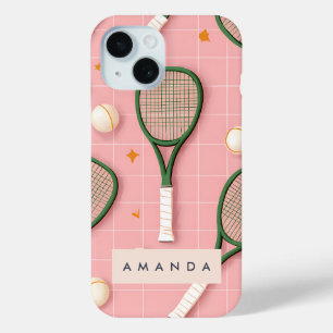 Monogram Personalized Retro Tennis Racket Pattern iPhone 15 Case
