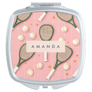 Monogram Personalized Retro Tennis Racket Pattern Compact Mirror